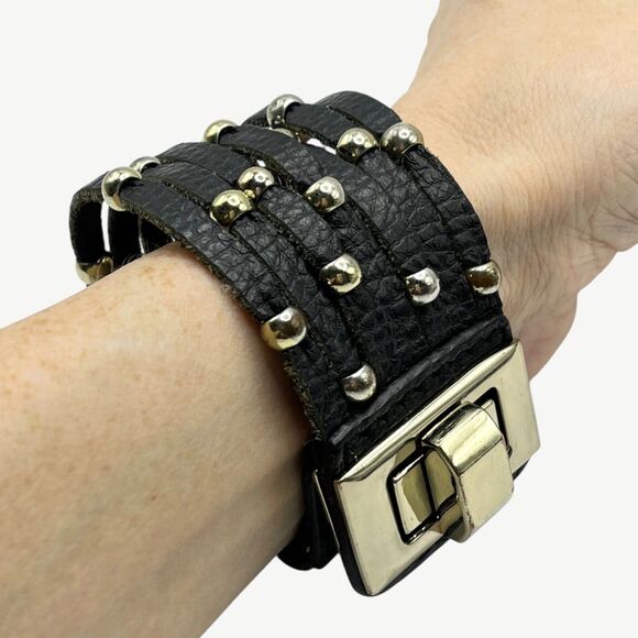 Black Strappy Leather Cuff Bracelet Black Gold Tone Beads Chunky Turn Lock Punk - Picture 1 of 13